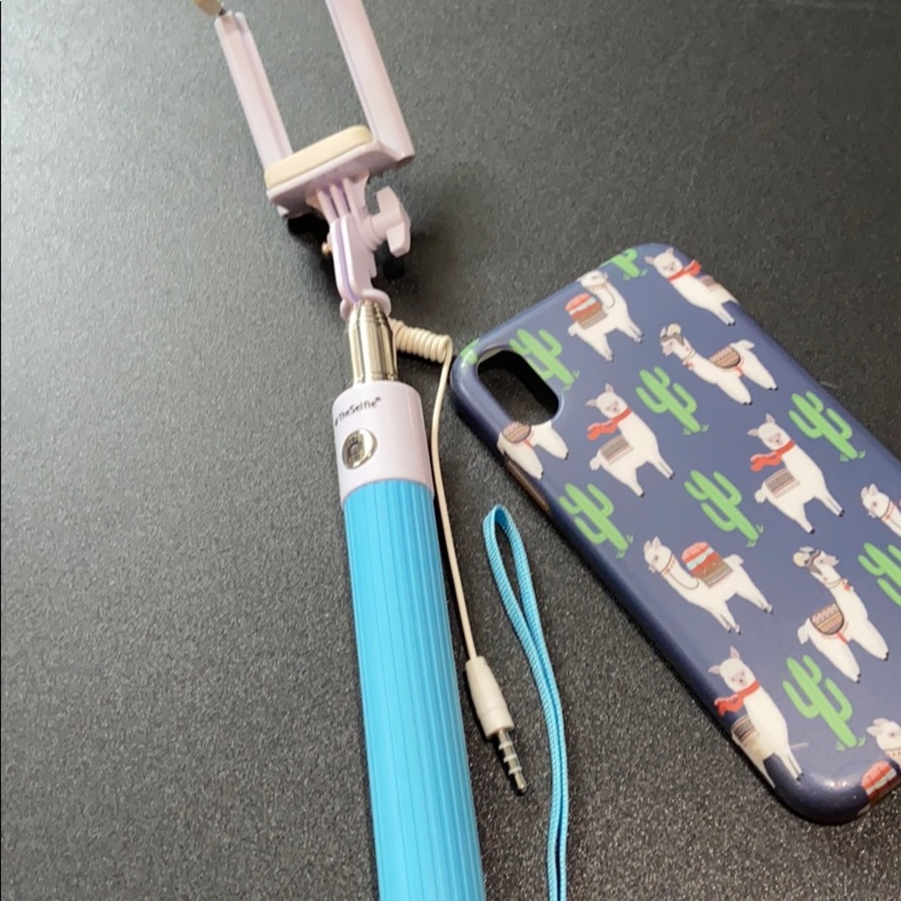 Selfie stick and iPhone XR case